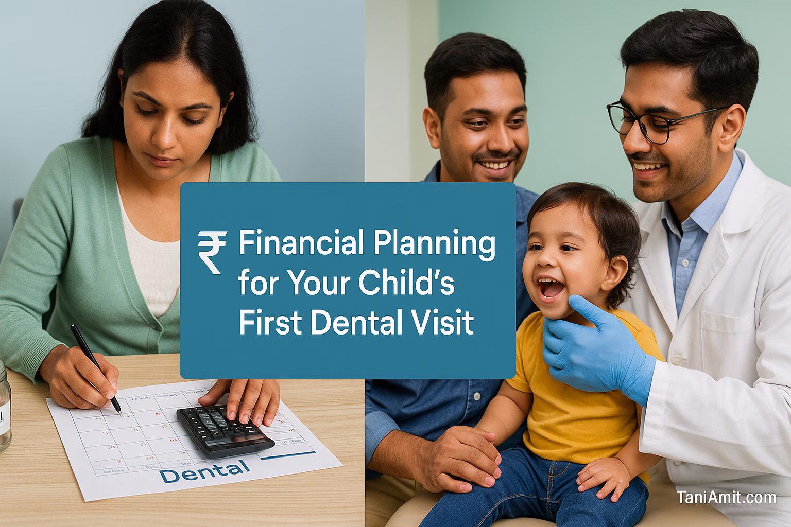 child first dental visit financial planning | Description: A warm, professionally designed split-image featuring: Left side: A young Indian parent (mother or father) sitting at a desk with a calculator, dental calendar marked with appointment dates, and a small savings jar labeled "Dental Fund" with coins inside Right side: A friendly pediatric dentist examining a smiling toddler (1-2 years old) while the other parent watches with a relieved expression | taniamit.com