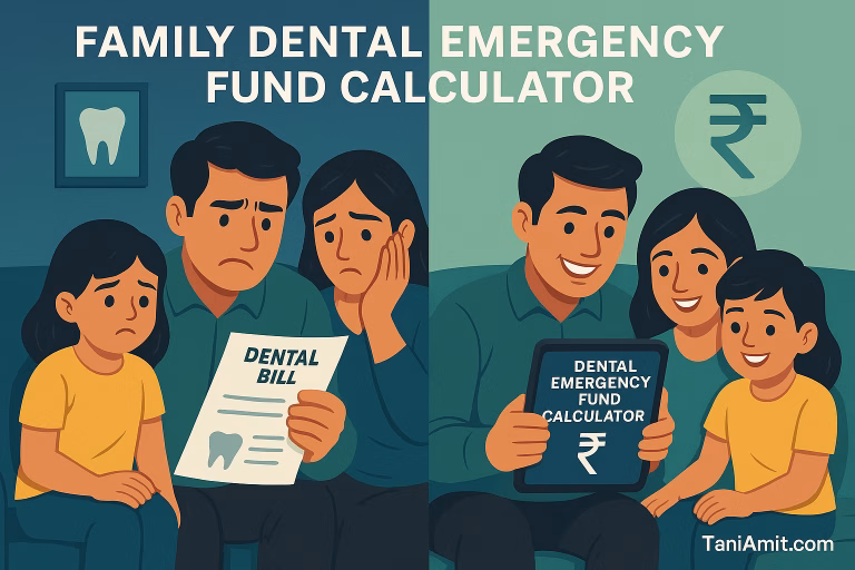 The image shows a professional-looking split scene: on one side, a worried Indian family looking at a dental bill with clear distress; on the other side, the same family looking relieved while checking their dental emergency fund calculator on a tablet. Include visual elements of both dentistry (tooth icon) and finance (rupee symbol).