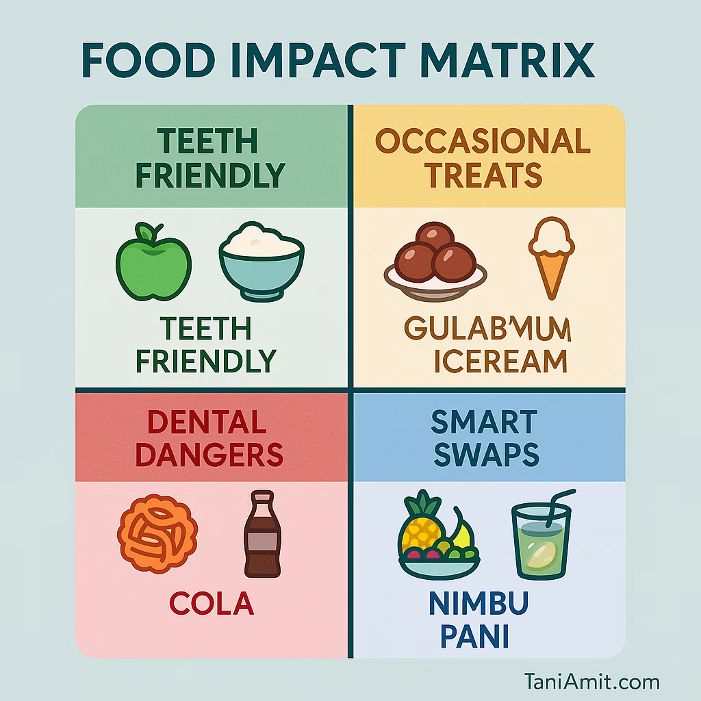 a quadrant chart categorizing foods by dental impact: "Teeth Friendly" (green), "Occasional Treats" (yellow), "Dental Dangers" (red), and "Smart Swaps" (blue). Include popular Indian foods in each category.
