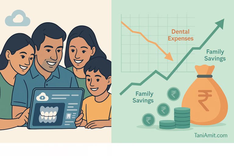 digital dental health records savings Tani Amit - Description: A split-screen digital illustration showing: Left side: A modern Indian family (parents and two children) looking at a tablet/smartphone with a digital dental record interface visible Right side: A visual representation of savings with a downward-trending graph of dental expenses and an upward-trending family savings account Includes visual elements like digital teeth scans, rupee symbols, and cloud storage icons