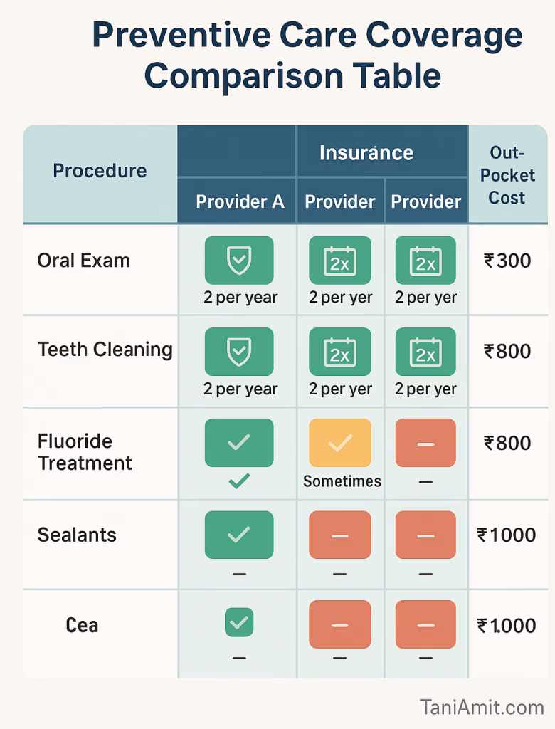Visual table comparing coverage across major Indian insurance providers
Color-coded treatments (green for commonly covered, yellow for sometimes covered, red for rarely covered)
Age-specific columns showing how coverage differs for children vs. adults | TaniAmit.com