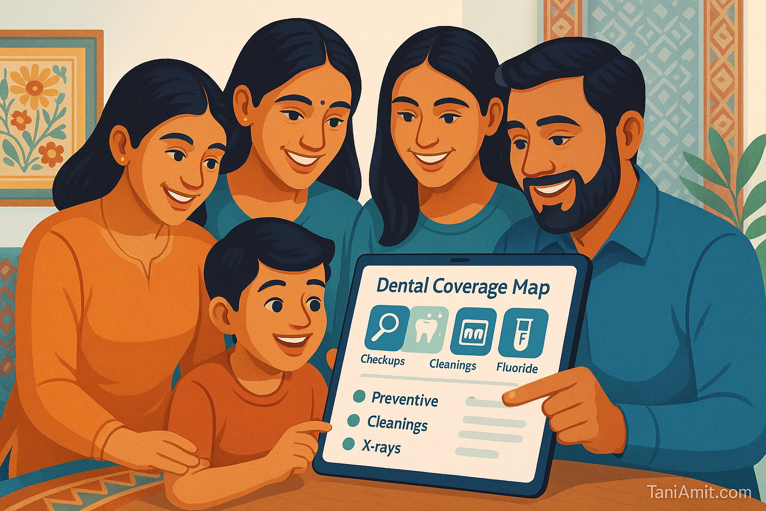 An Indian family gathered around a digital tablet - dental insurance preventive coverage india - TaniAmit.com