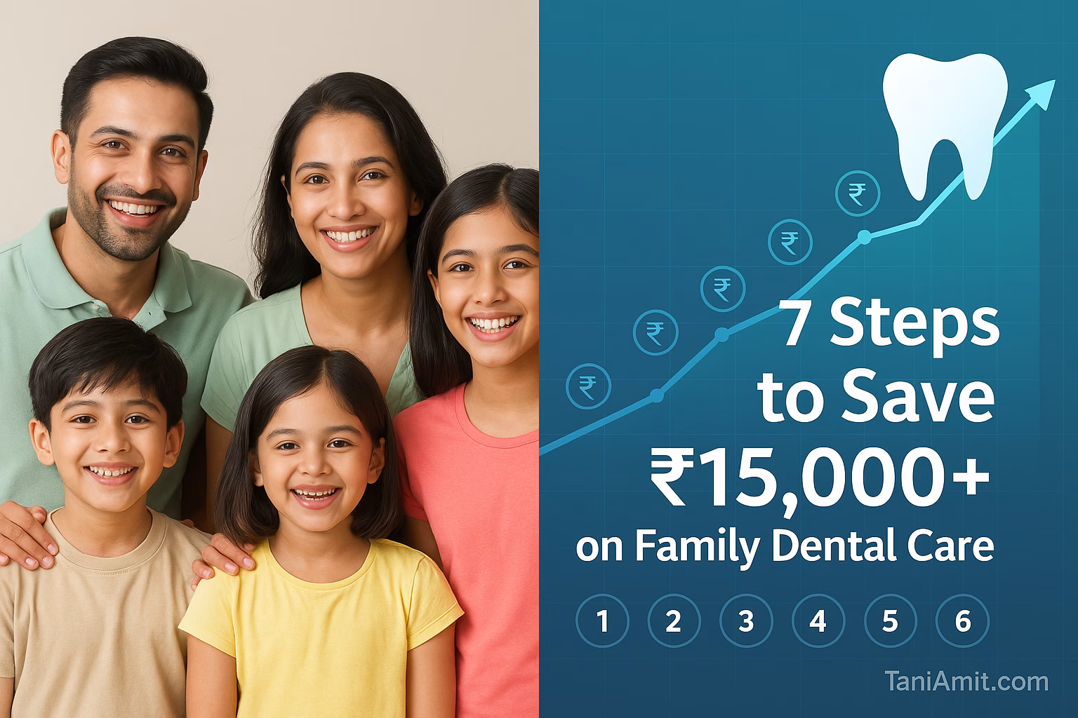A split-screen visual showing a happy Indian family (parents with 2-3 children of different ages) on one side, smiling to show healthy teeth. On the other side, show a financial graph trending upward with a tooth icon and rupee symbols, illustrating preventive-dental-care-plan | TaniAmit.com