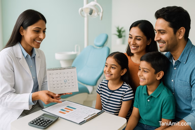 preventive dental visit frequency cost | Description: A professional, warm image showing a dental professional reviewing a calendar/cost chart with a smiling family (parents and two children). The image should include visual elements representing both scheduling (calendar) and cost considerations (perhaps a small chart or calculator). A modern dental office setting with soft colors would create a welcoming yet authoritative feel | taniamit.com