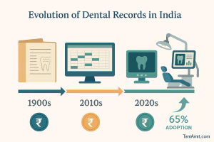 Description: A horizontal timeline showing the progression of dental record-keeping in India: 1990s: Paper folders with handwritten notes (show traditional dental chart) 2000s: Basic digital appointment systems (computer with calendar) 2010s: Digital X-rays and basic electronic records (digital X-ray machine) 2020s: Comprehensive digital health records with AI analysis (modern dental office with tablets/screens) TaniAmit.com