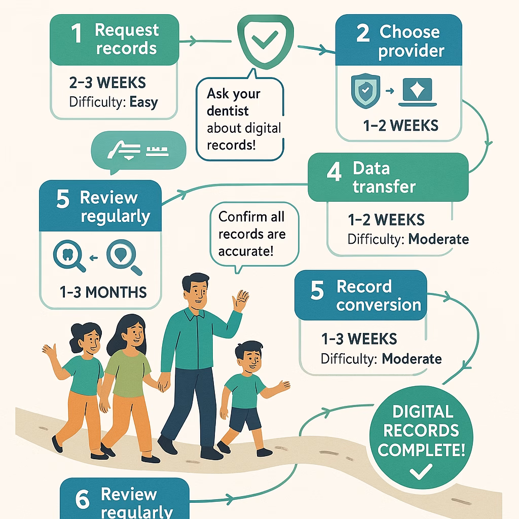 Description: A step-by-step visual flowchart showing:
The 6 implementation steps of Digital Dental Health Records Savings outlined, each with a simple icon
Estimated time for each step (e.g., "Request records: 2-3 weeks")
Small "difficulty level" indicators for each step
Connect the steps with a path that a cartoon family is walking along
Include small tips/notes bubbles at relevant points
End with a "Digital Records Complete!" celebration icon
TaniAmit.com