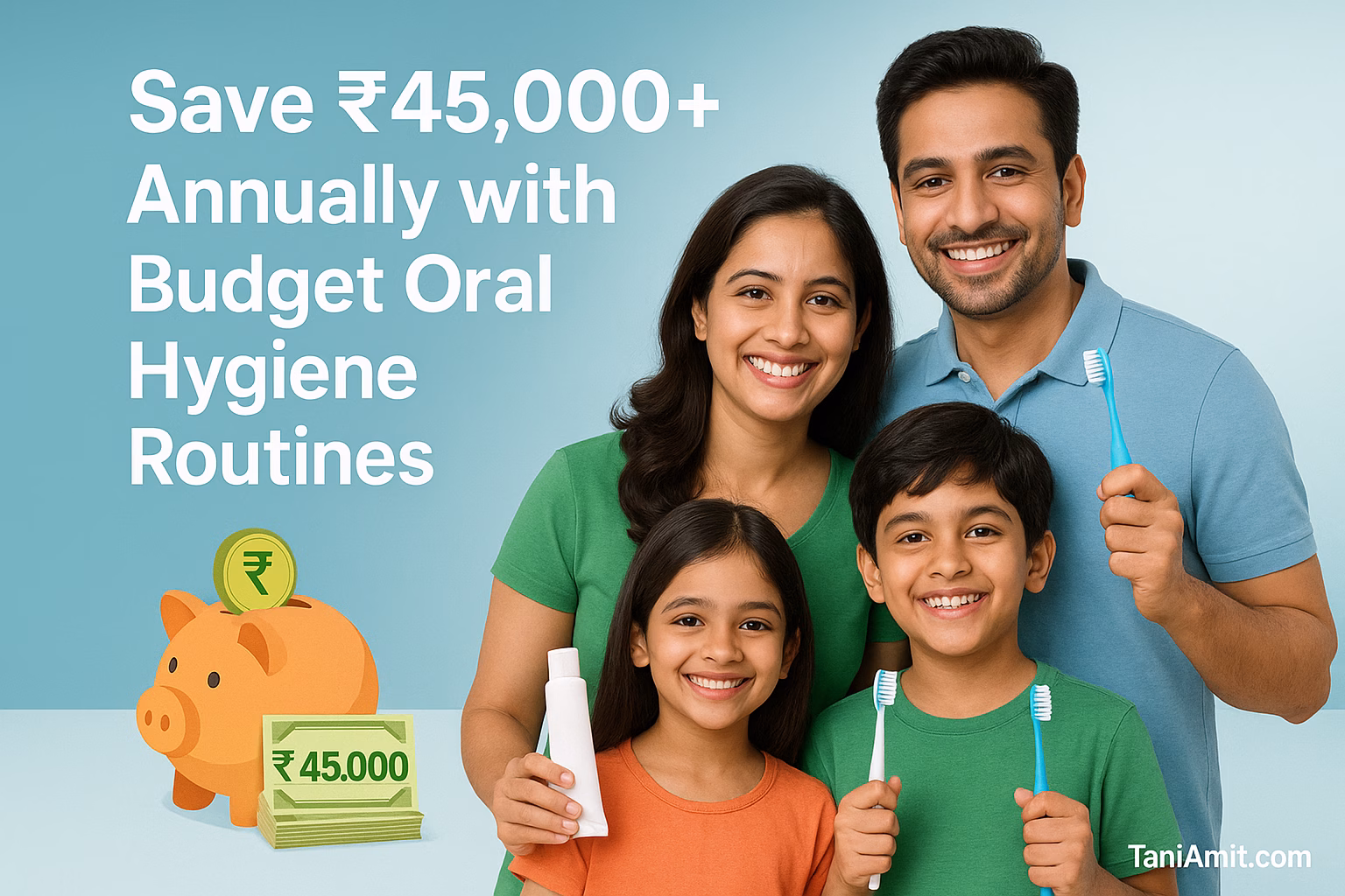 budget oral hygiene routines savings - a warm, bright image showing an Indian family (parents with 2 children) smiling confidently while holding basic dental care items. On the left side, include a visual representation of money being saved - perhaps stacked rupee notes or a piggy bank with ₹45,000 clearly labeled. Include a bold text overlay stating "Save ₹45,000+ Annually with Budget Oral Hygiene Routines." Use a clean, modern design with blue and white colors (suggesting cleanliness) and green accents (representing savings). taniamit.com