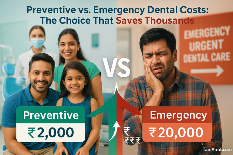 preventive vs emergency dental visit cost | a compelling split-screen image showing: Left side: A smiling Indian family (parents and two children) at a routine dental checkup, with a bright, clean dental office environment and a ₹2,000 price tag prominently displayed Right side: A stressed person holding their jaw in pain in an emergency dental setting with urgent care signage and a ₹20,000 price tag Center: A large "VS" between the two scenes with arrows pointing to rupee symbols (many more on the emergency side) Use a blue/green color scheme (clean/healthy) on the prevention side and red/orange (urgent/painful) on the emergency side - taniamit.com