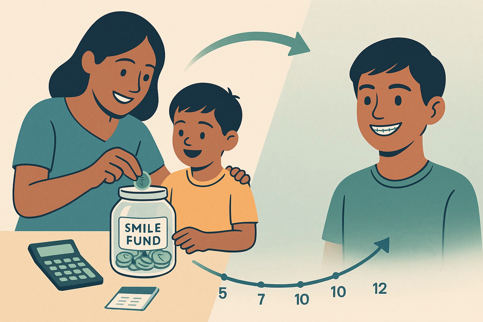 1. Split-screen layout - Left side shows a parent with a young child (5-7 years old) putting coins/money into a transparent piggy bank or jar labeled "Smile Fund." Right side shows the same child as a teenager with braces, smiling confidently.