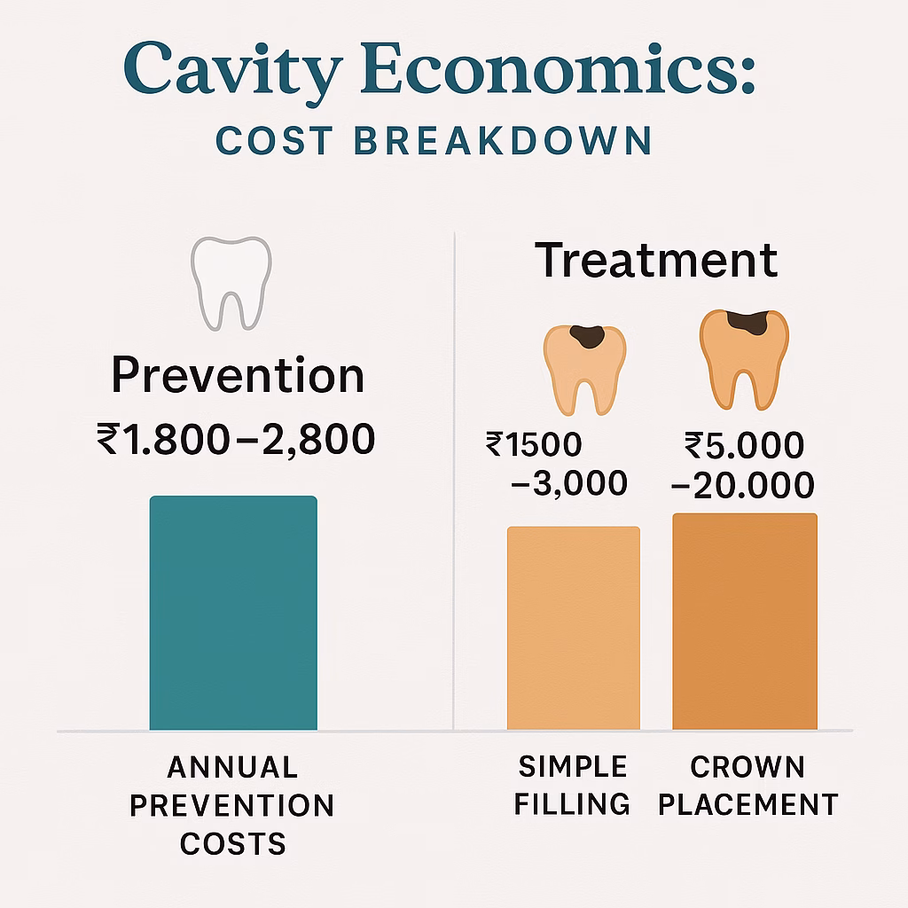 A side-by-side bar graph showing prevention vs. treatment costs
Left side: Annual prevention costs totaling ₹1,800-2,800
Right side: Treatment progression costs from simple filling (₹1,500-3,000) to crown placement (₹5,000-20,000)
TaniAmit.com
