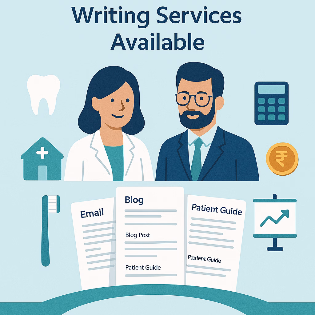 TaniAmit.com Expert Dental Content Writing Services Available. image depicting a doctor and banker with lot of logs and sheets to display that writing services are available.