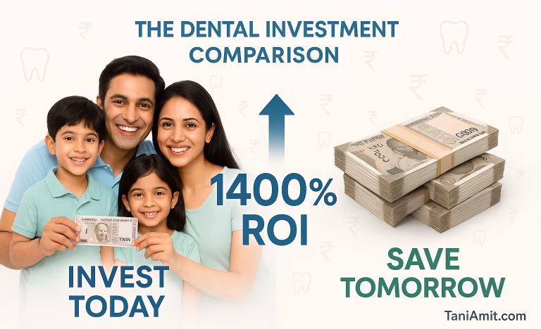 early dental intervention cost benefits | taniamit.com | Split-screen design showing: Left side: A smiling Indian family (parents with 2 children) holding a ₹1,000 note with text "INVEST TODAY" Right side: A stack of ₹15,000 in notes with text "SAVE TOMORROW" Center: Large "1400% ROI" text with up arrow Background elements: Subtle tooth icons and rupee symbols