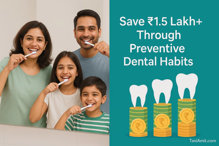 children preventive dental habits financial benefits | Description: A warm, engaging split-screen image showing: Left side: An Indian family (parents with 2 children of different ages) smiling while brushing teeth together in front of a bathroom mirror Right side: A growing savings visualization with tooth icons and rupee symbols stacking up Text overlay: "Save ₹1.5 Lakh+ Through Preventive Dental Habits" taniamit.com